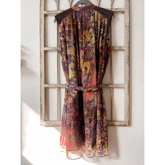 Hunter Bell Floral Chiffon Shirt Dress Leather Patchwork Mini - Picture 2 of 7